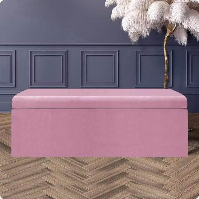 R&M Furnishers Large Plain Safar Storage Ottoman Box in Pink Plush Velvet