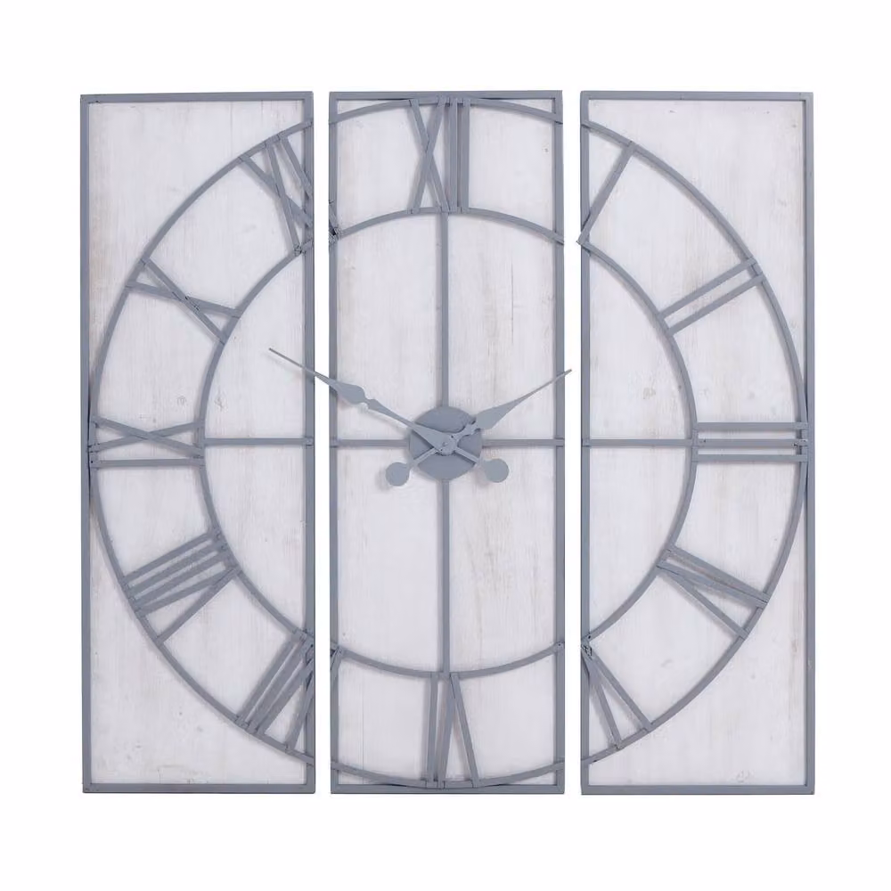 Wyld Haus Oversized 3 Panel Roman Numeral Open Frame Wall Clock in Silver and Grey – 2