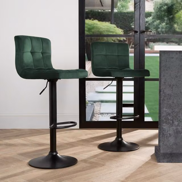 OHS Set of 2 Adjustable Velvet Swivel Bar Stools in Dark Green