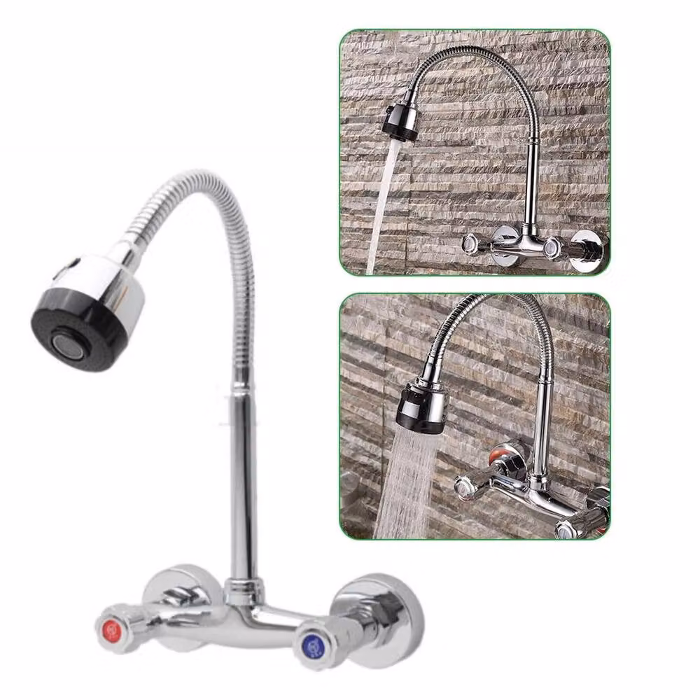Ventryn Wall Mounted Kitchen Mixer Faucet with Swivel Spout and Spray Function in Chrome Silver – 2