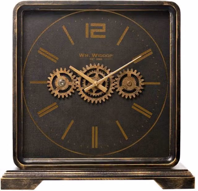 WILLIAM WIDDOP Black Industrial Metal Analog Mantel Clock with Moving Gears