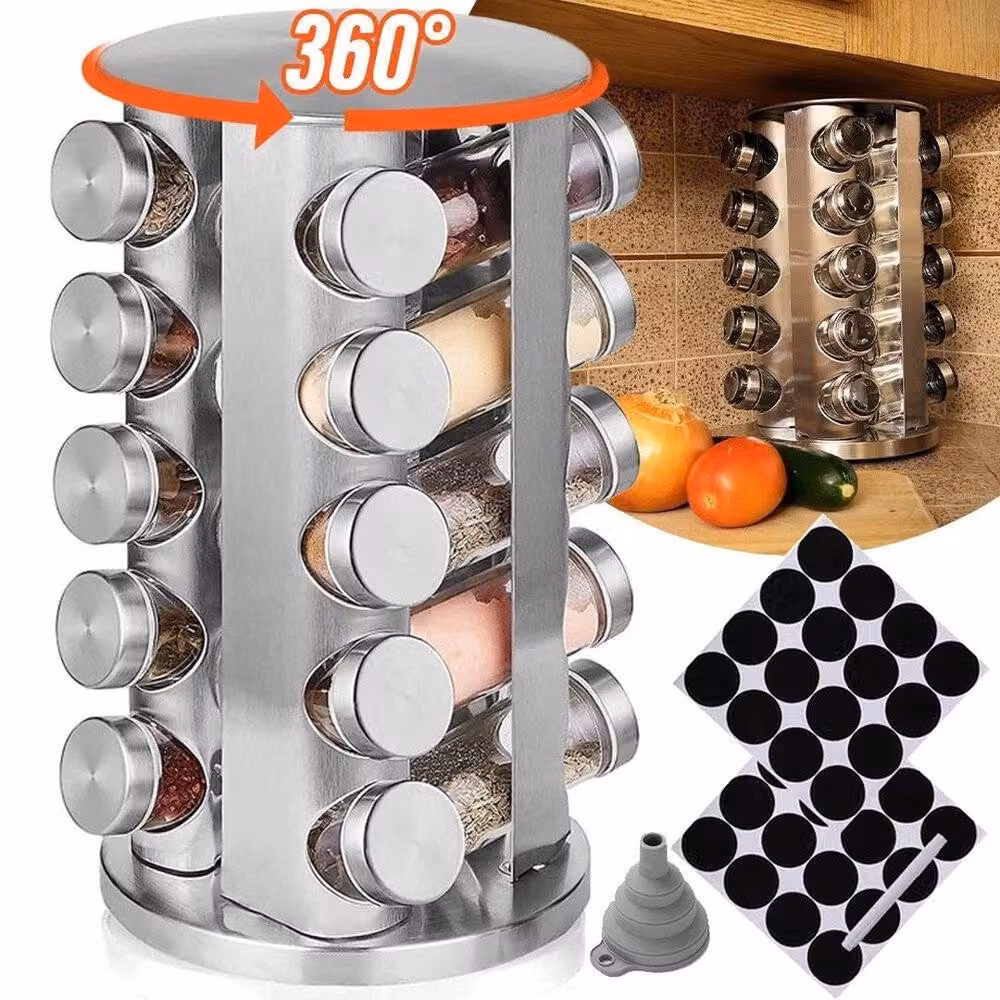 KORVIXA Stainless Steel Revolving Spice Rack Stand with 20 Jars in Silver, W/D/H: 100 x 100 x 100 cm – 5