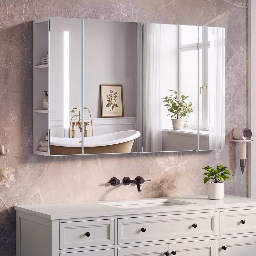 FORGEVIO Modern White Glossy Double Door LED Bathroom Mirror Cabinet with Integrated Lighting – 2