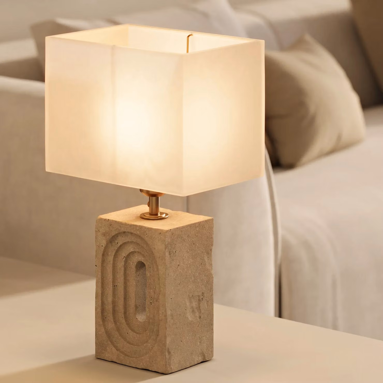 Industville Travertine Rectangular Table Lamp in Beige and Gold/Brass – 3