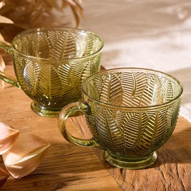 Dibor Set of 2 Floral Green Glass Afternoon Tea Cups – 1