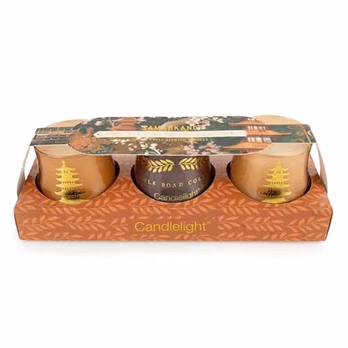 Candlelight Moroccan Spice Mini Votive Candles in Terracotta, Red and Gold, Set of 3 x 100g – 1