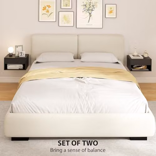 HOMCOM Set of 2 Black Wall Mounted Floating Nightstands with Drawer and Open Shelf – 4