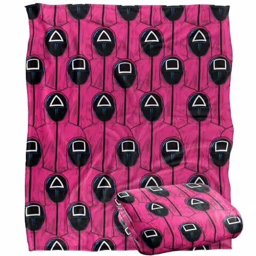 Netflix Squid Game Pink Guards Pattern Officially Licensed Super Soft Fleece Throw Blanket in White and Pink, W/D/H: 152 x 127 cm – 1