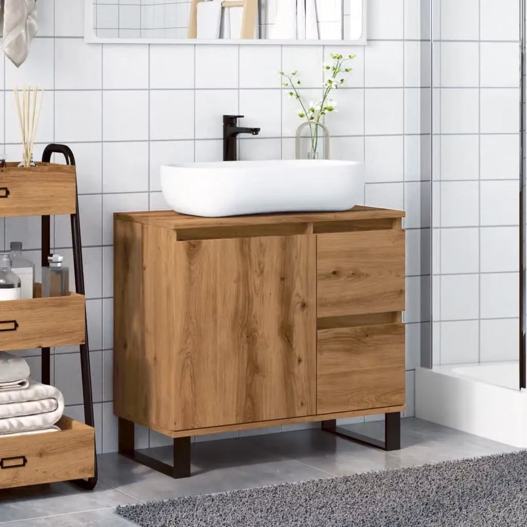 Berkfield Home Artisan Oak Bathroom Sink Cabinet in Brown, W/D/H: 65 x 33 x 60 cm – 3