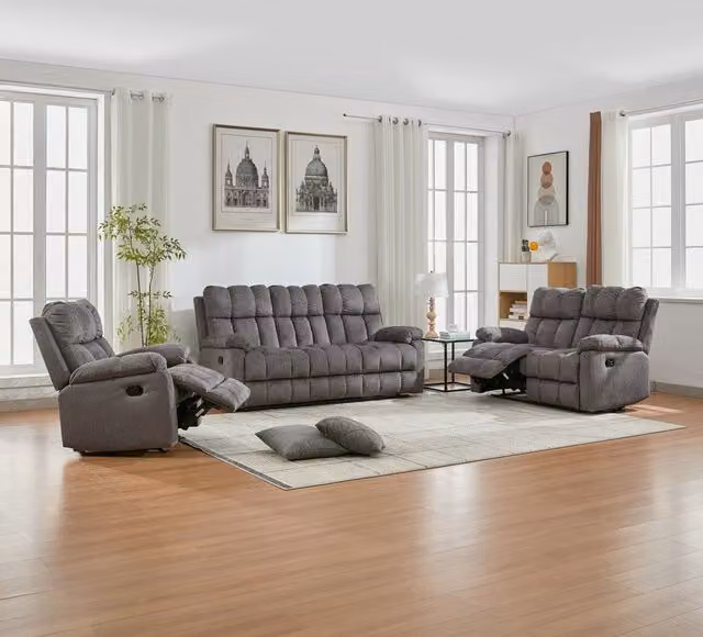 FURNITURE ONE Modern Manual Recliner Sofa Set in Grey Fabric Upholstery, including 1+2+3 Seater Suite with Scatter Cushions