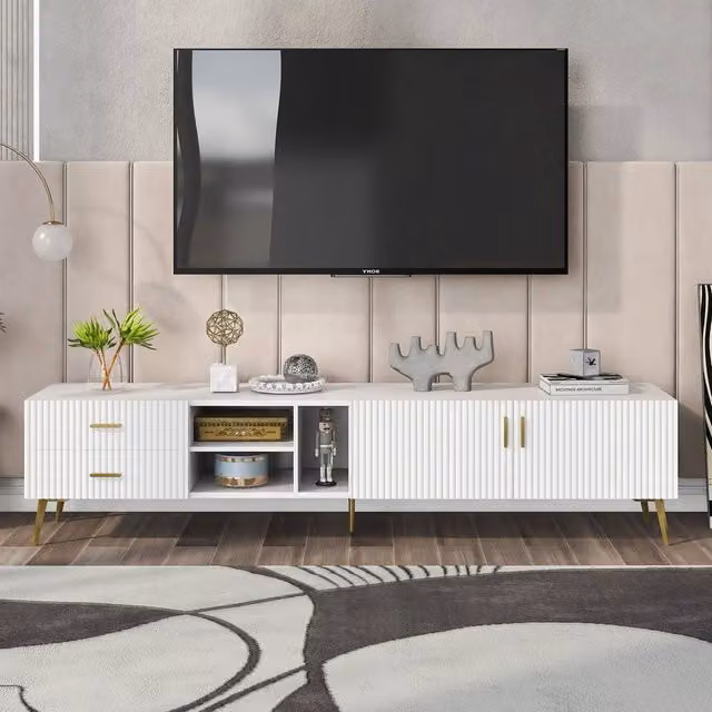 Merax Modern White Fluted TV Stand with Gold Legs, W: 180 cm, D: 41 cm, H: 41 cm