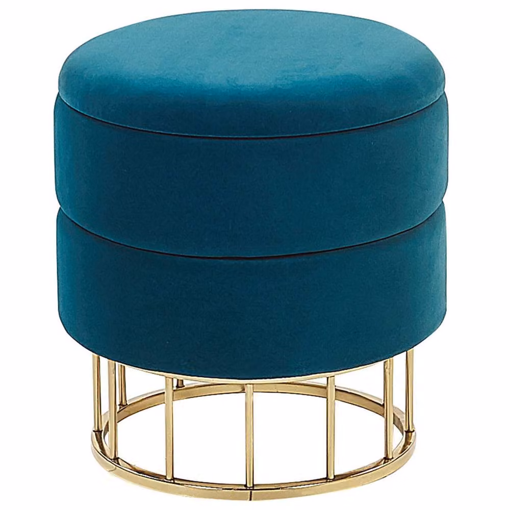 Wyld and Coco Petrol Blue Velvet Cylindrical Storage Pouffe with Gold Metal Base – 2