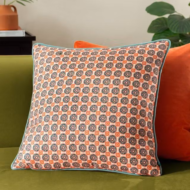 Wylder Tropics Onika Blue Velvet Square Geometric Cushion, W/D/H: 50 x 50 x 50 cm