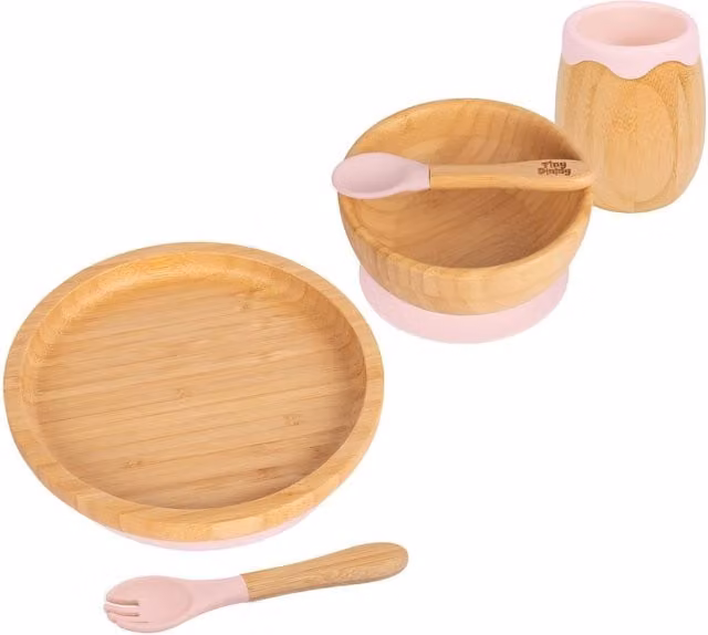 Tiny Dining 5pc Bamboo and Silicone Round Baby Weaning Set in Pastel Pink