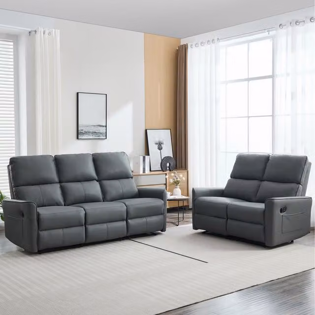 More4Homes Madrid Manual Air Leather Recliner Sofa Set in Grey and Black