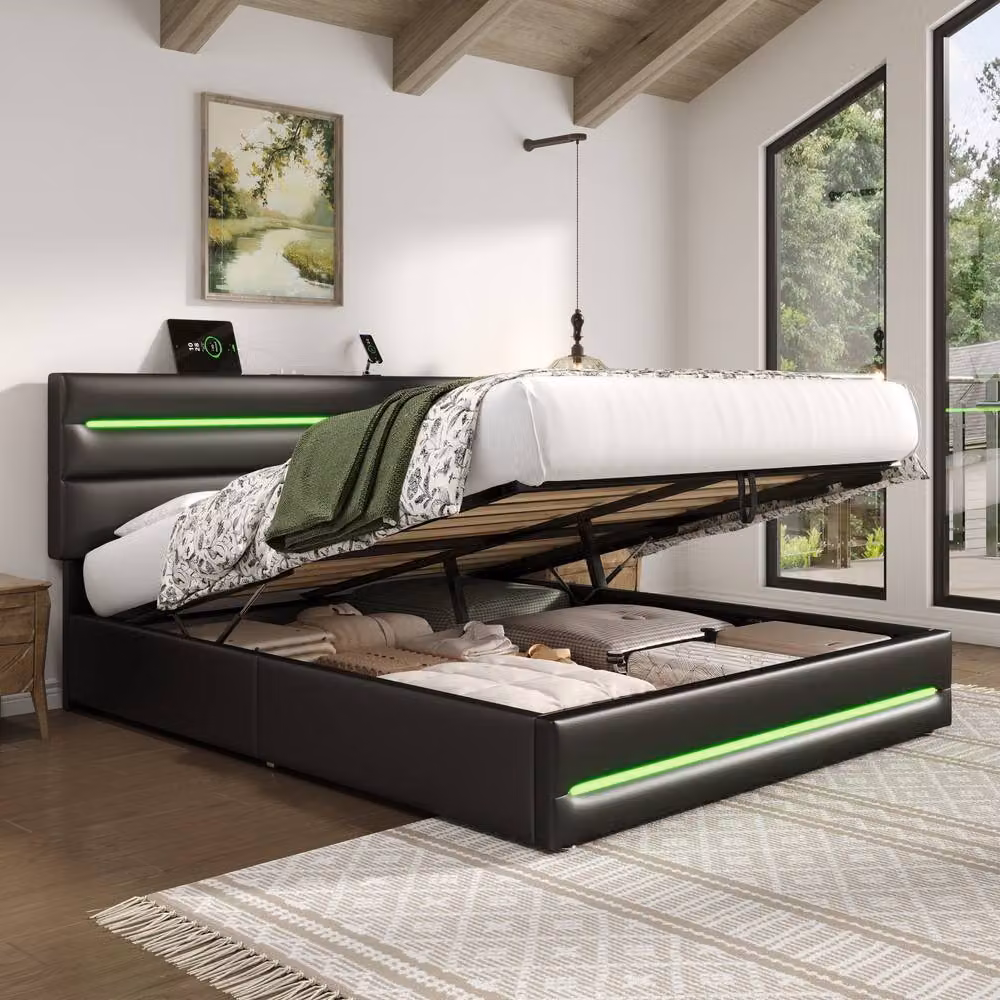 Matteo Double Upholstered Ottoman Storage Bed Frame in Black with LED Lighting and USB Charging Port – 3