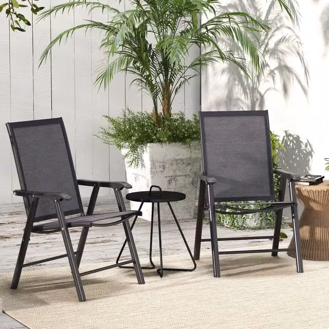 Outsunny Set of 2 Modern Folding Chairs with Metal Frame and Mesh Seats in Dark Grey