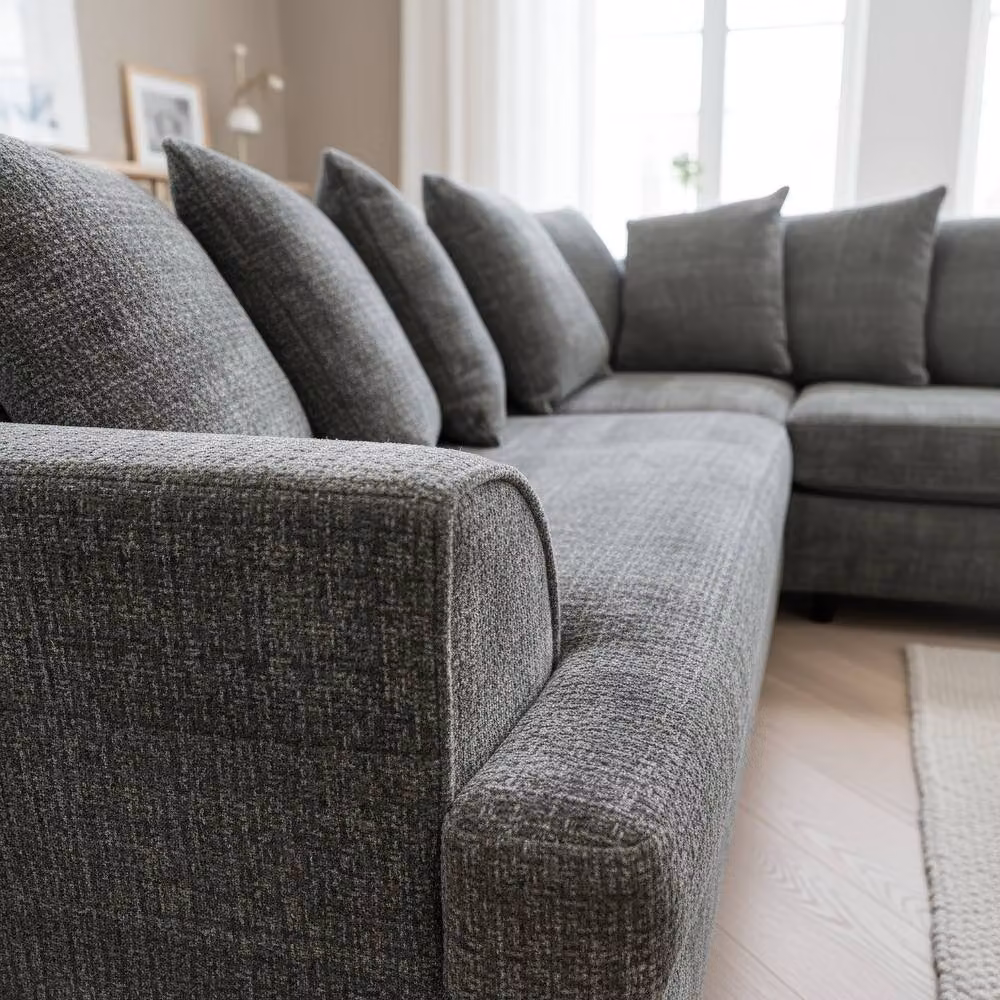 Abakus Direct Ferguson L-Shape Corner Sofa in Grey Fabric with Solid Wood Frame and Scatter Cushions – 3