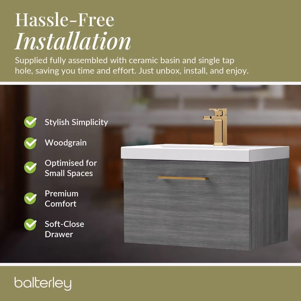 Balterley 600mm Wall Hung 1 Drawer Vanity in Woodgrain Anthracite Grey with Bronze Handle – 4
