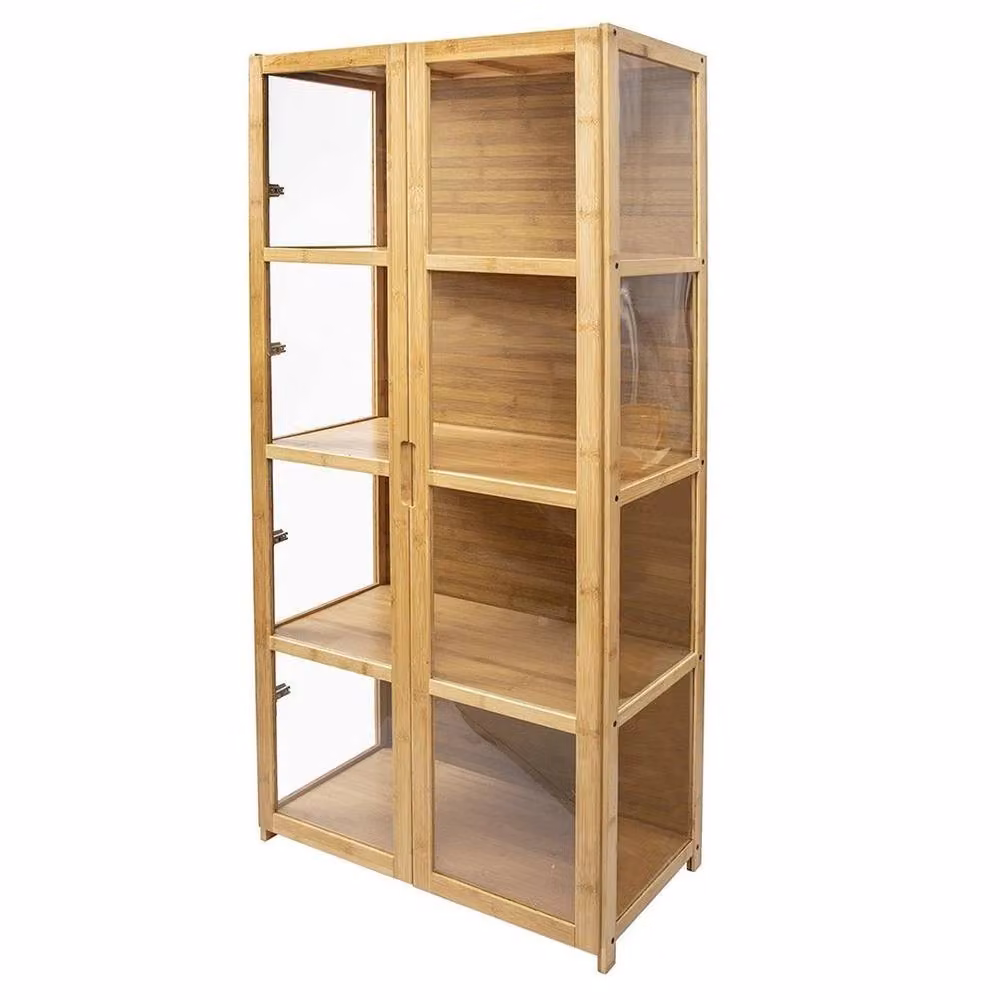 KORVIXA Brown Bamboo 4-Tier Display Case and Storage Cabinet with Glass Doors, W/D/H: 100 x 100 x 100 cm – 3