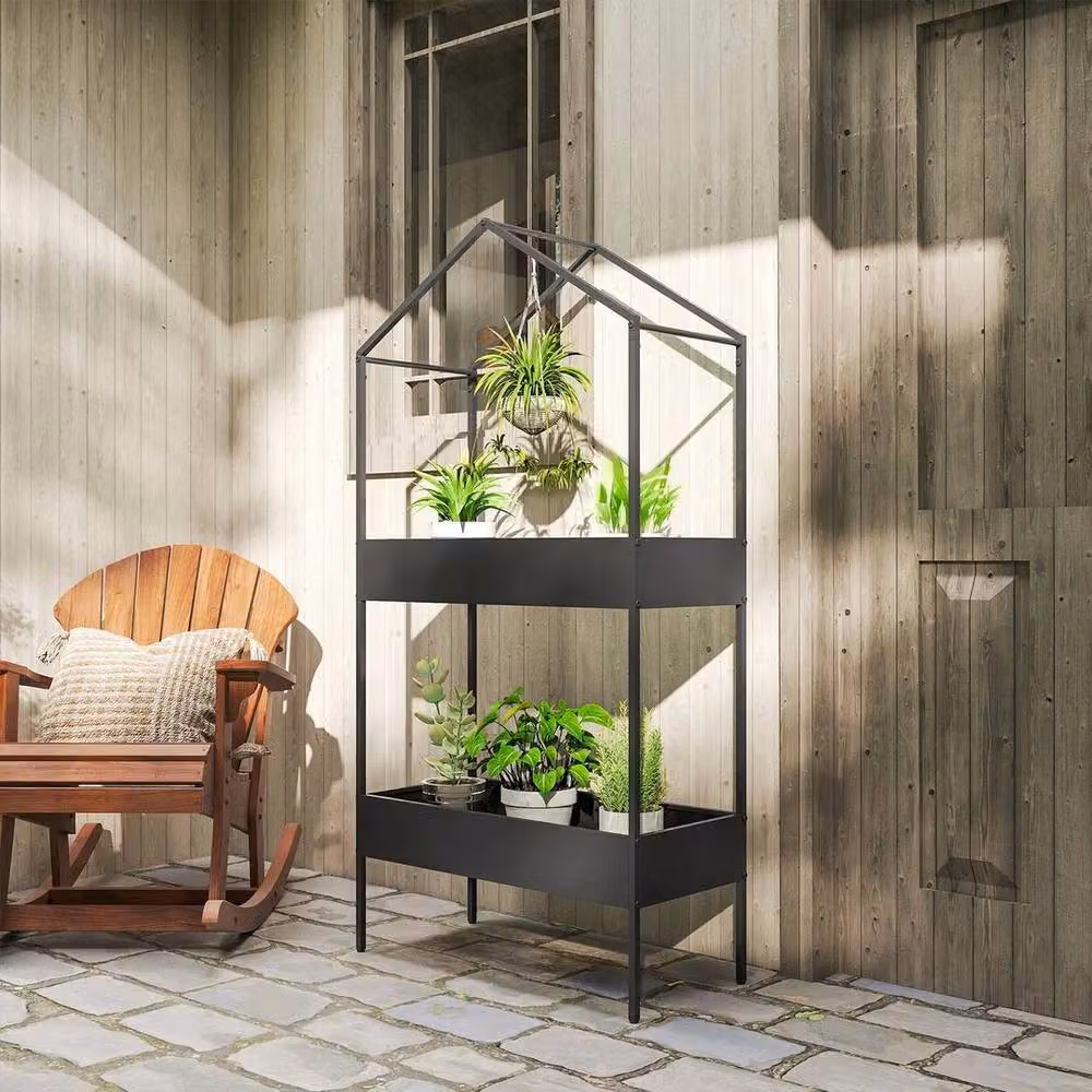 KORVIXA Modern Matt Black Metal Plant Stand for Indoor and Outdoor Use, H 150 x W 75 x D 35 cm – 4