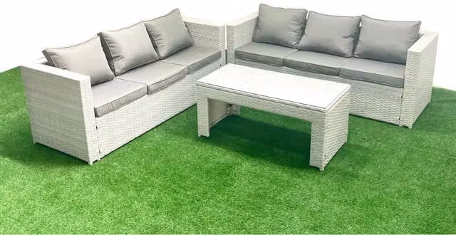 Fimous 6-Seater L-Shape Outdoor Rattan Sofa Set with Oblong Tempered Glass Coffee Table and Upholstered Cushions, Light Grey