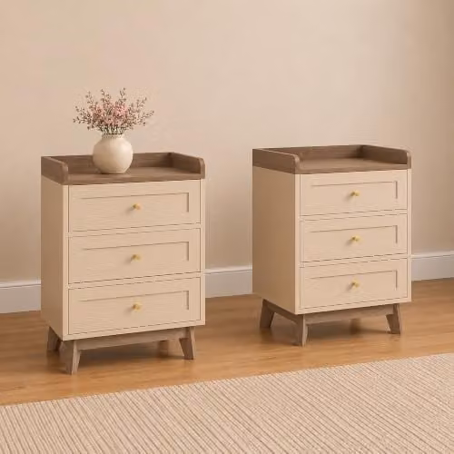 Melody Maison Oswin Pair of Cream and Wood 3 Drawer Bedside Tables, W/D/H: 35 x 47 x 66 cm