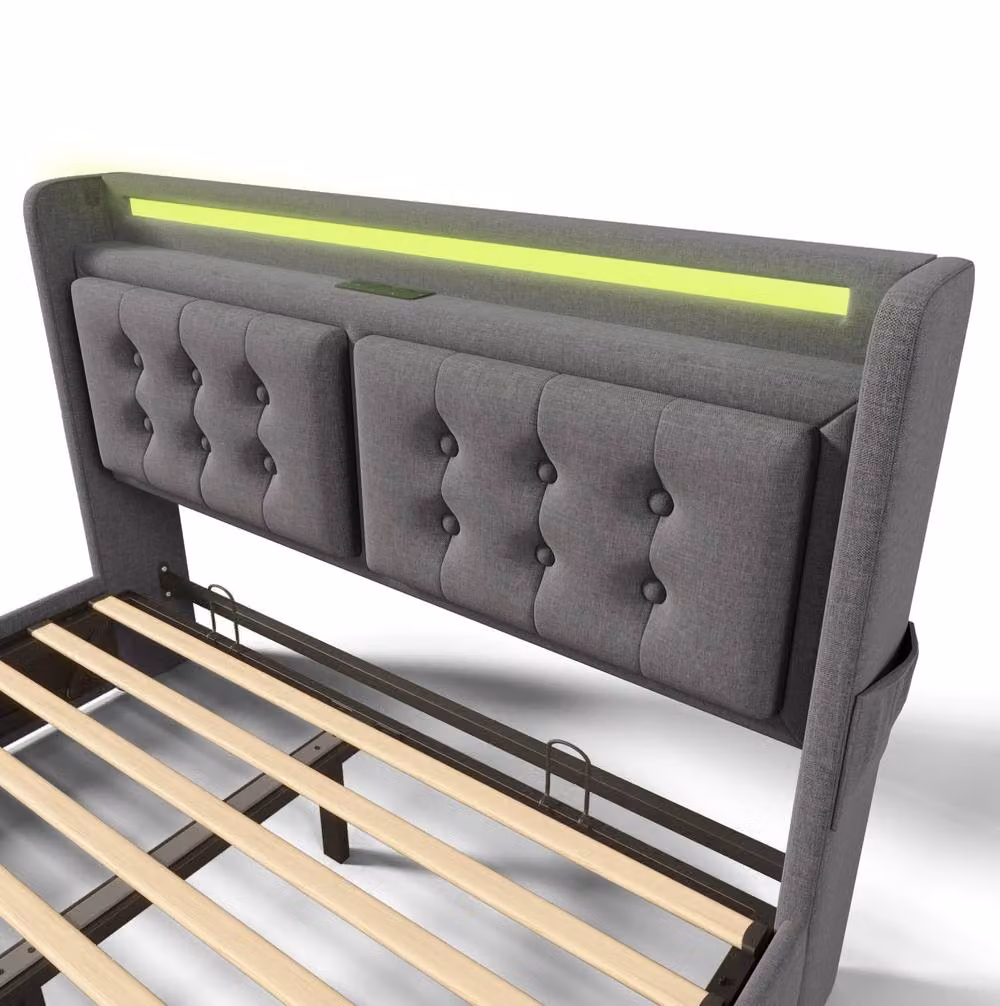STILVORA Upholstered 4ft6 Double Bed with Storage, LED Lighting and USB Charging Port in Grey, W/D/H: 140 x 200 x 137 cm – 8