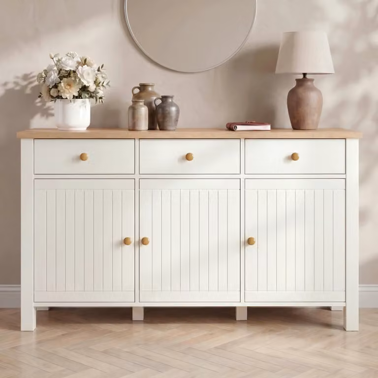 DHS Linra Large White Sideboard with Drawers and Oak Top, W/D/H: 135 x 43 x 81 cm