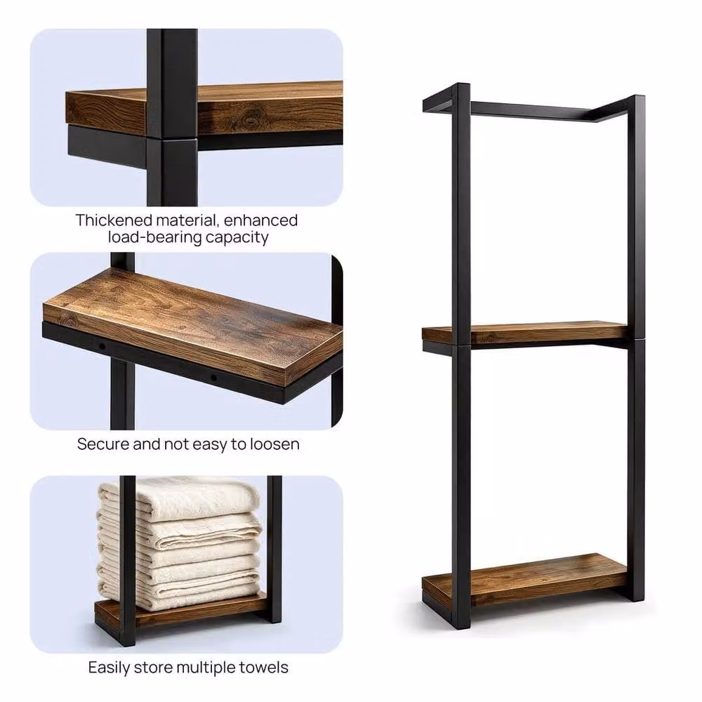 Kelvenix Wall Mounted Industrial Metal and Wood Towel Rack with Hanging Rod in Brown and Black – 4