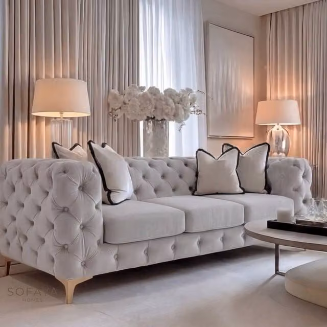 Sofaya Monaco Chesterfield Velvet Sofa Set in Light Grey, including 3-Seater and 2-Seater Couches with Matching Scatter Cushions – 1