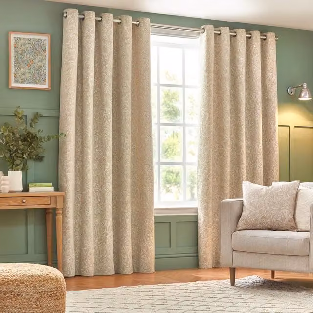 Grantley Set of 2 Floral Jacquard Eyelet Curtains in Beige and Yellow, W: 137 cm, H: 229 cm