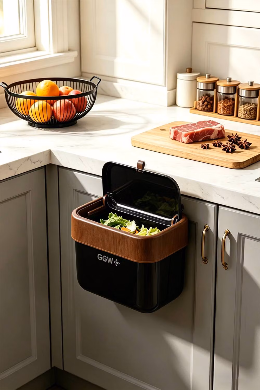 Living and Home 7L Wall Mounted Hanging Trash Bin with Flip Lid in Black – 3