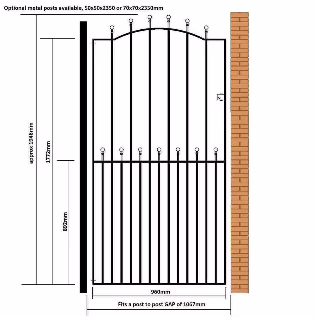 Burbage Iron Craft Manor Tall Bow Top Single Swing Gate in Black, W: 106.7 cm, H: 194.0 cm – 2