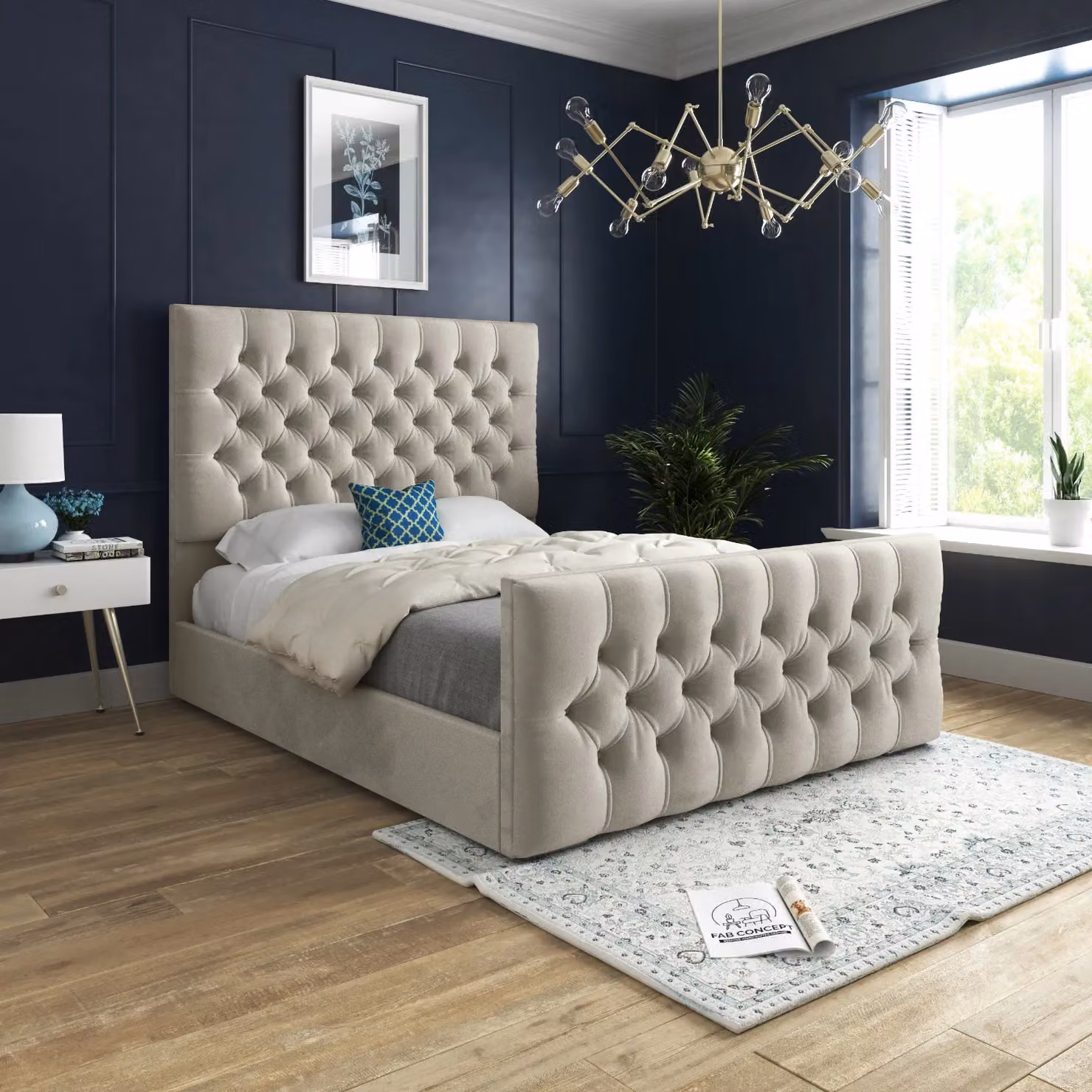 Casani Chesterfield Upholstered Velvet Bed Frame in Beige, W/D/H: 120 x 137 x 128 cm – 2