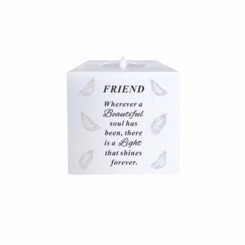 David Fischhoff Friend Memorial Feather LED Flickering Candle Holder in White