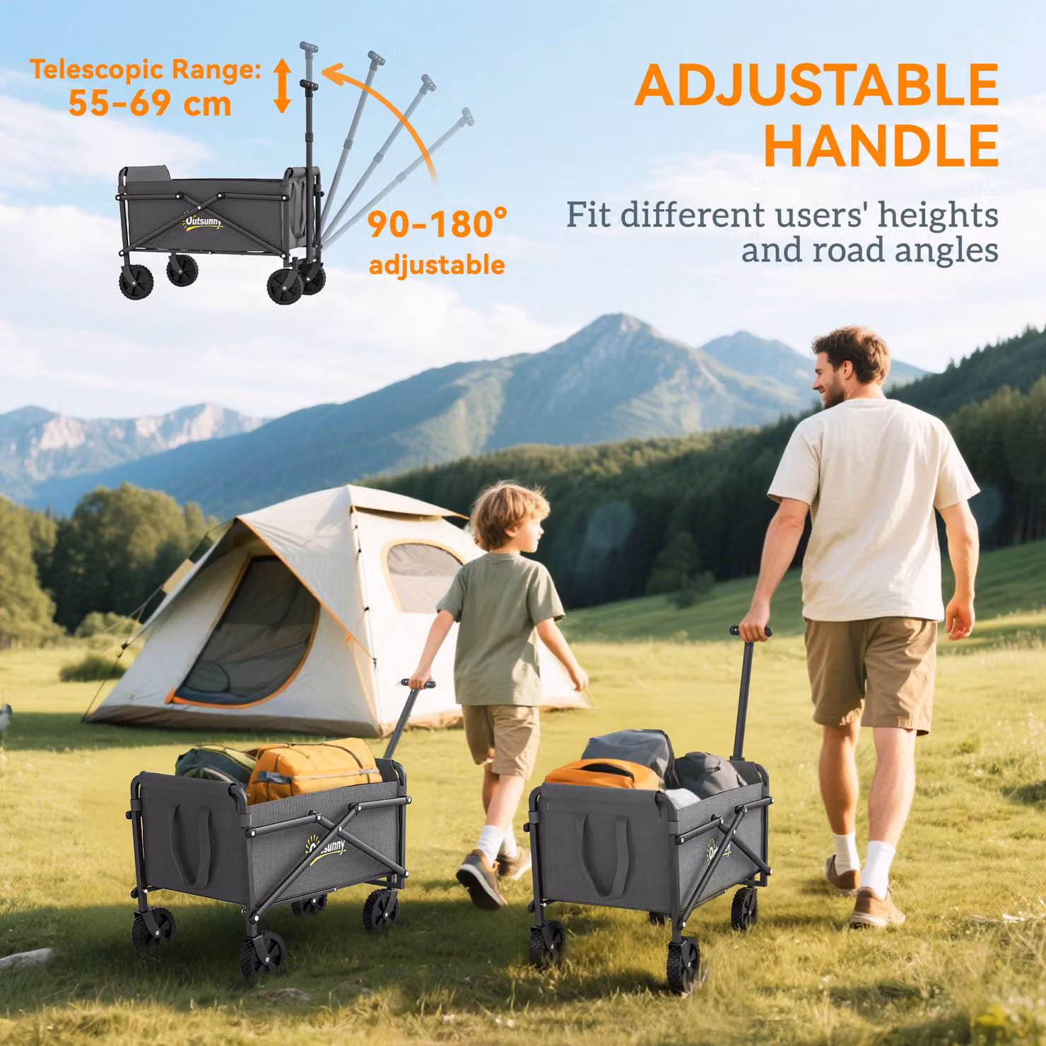 Outsunny 41L Festival Trolley on Wheels, Grey Heavy Duty Collapsible Folding Wagon with Adjustable Handle and Carrying Bag – 6
