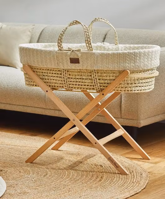 Little Green Sheep Knitted Moses Basket in Green and Beige Linen