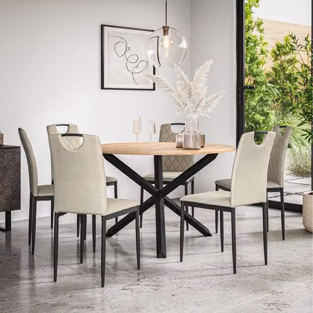 More4Homes Malvern Round Oak Effect Dining Table Set with 6 Beige Monza Linen Chairs and Black Oak Legs