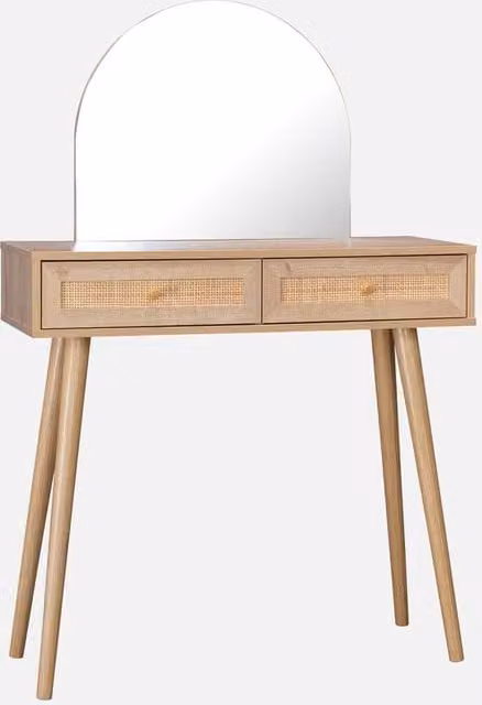 sweeek 2-Drawer Dressing Table with Rounded Mirror in Light Brown, W/D/H: 135.5 x 90.0 x 35.0 cm