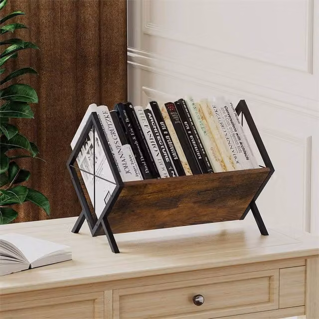 Nordara Wood and Metal Vinyl Record Storage Holder in Brown, Holds 80 LP