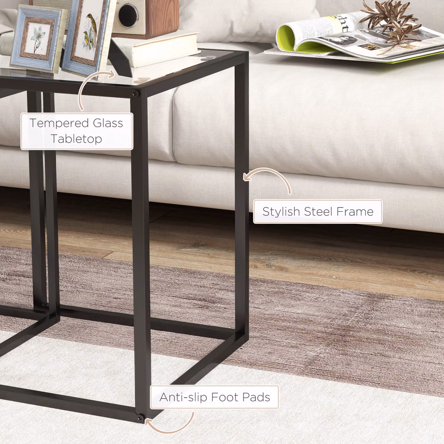 HOMCOM Set of 2 Nesting Side Tables with Tempered Glass Tops and Steel Frame, Black – 4