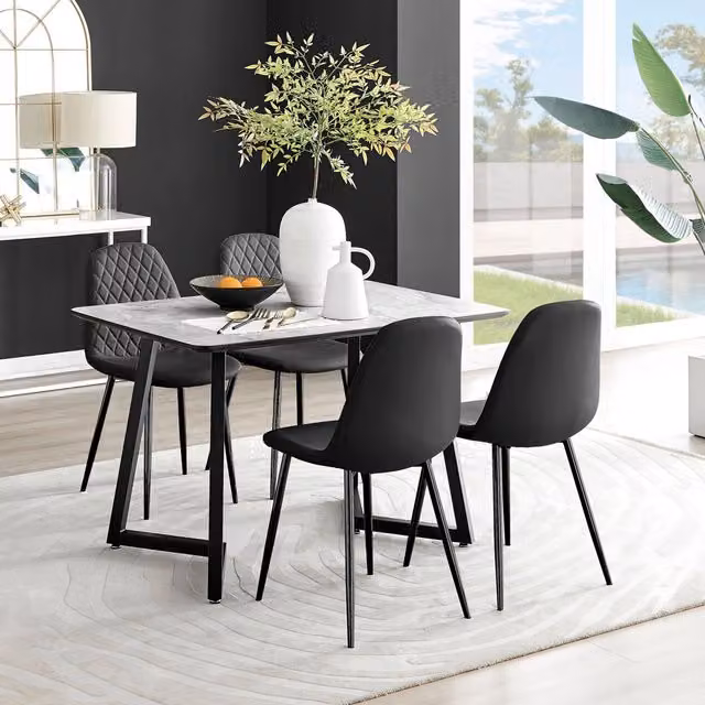 FurnitureboxUK Carson White Marble Effect Dining Table and 4 Corona Black Faux Leather Chairs