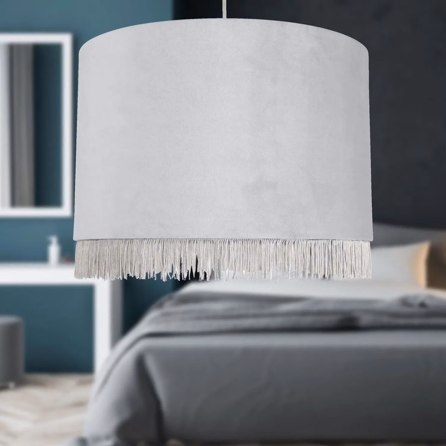First Choice Lighting Silvery Grey Fringed Velvet Round Easy Fit Pendant Shade, Diameter: 38 cm – 2