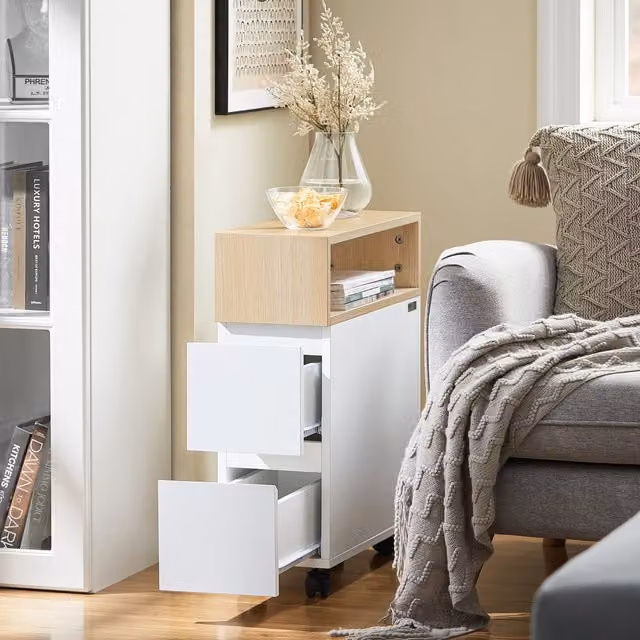 SoBuy Slim Rolling Side Table with 2 Drawers in White