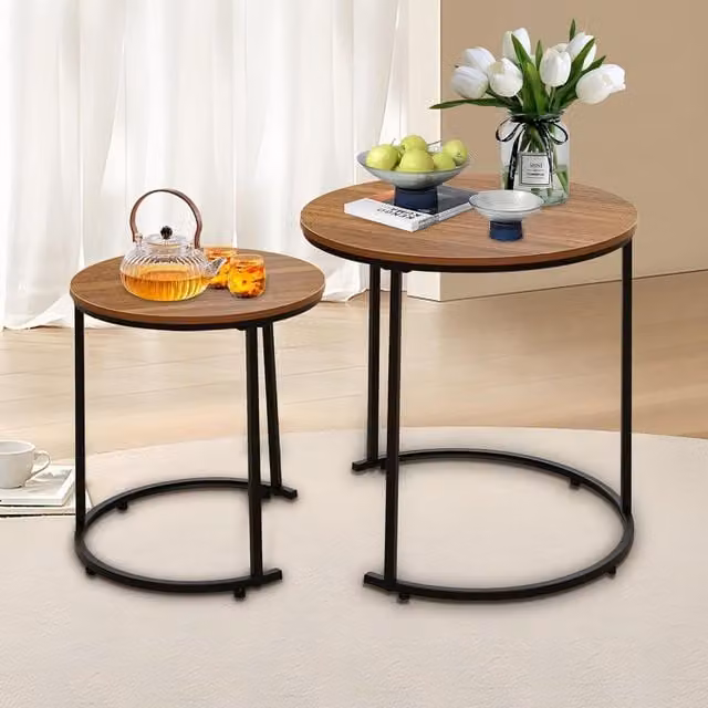 Alivio Set of 2 Round Modern Coffee Tables with Metal Frames and Brown Wooden Tops