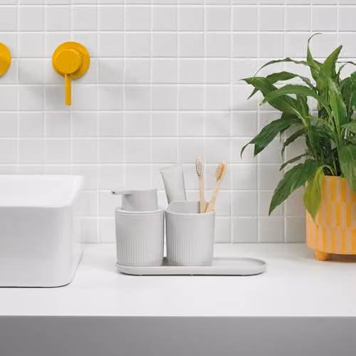 ReBorn Stone Recycled Bathroom Accessory Set of 3 including Soap Dispenser, Toothbrush Holder and Tray in Beige/Sand – 2