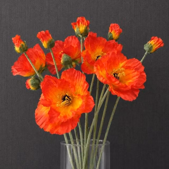 Leaf Pack of 6 Red Artificial Poppy Stems with 2 Flowers, Height: 100 cm