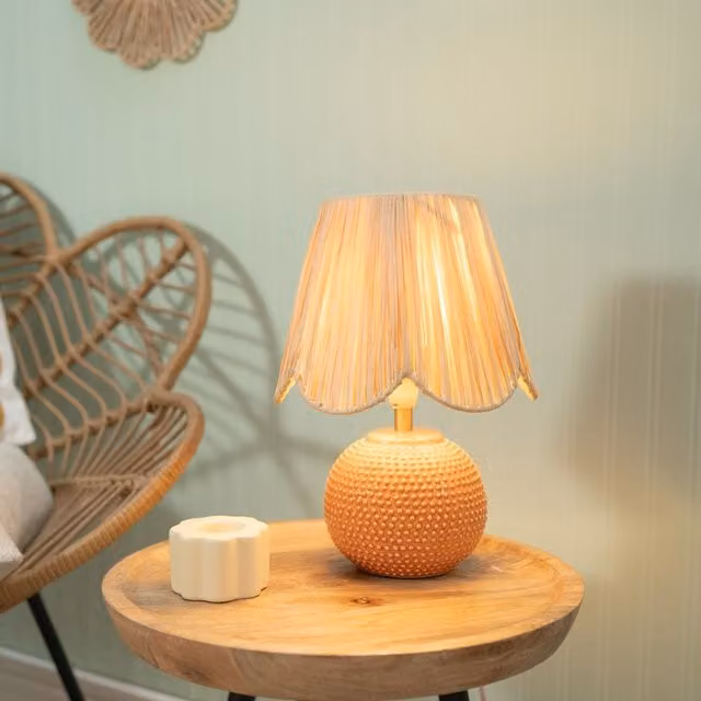 Pair of Sebby Ceramic Table Lamps with Natural Rattan Shades and Bulbs, Peach