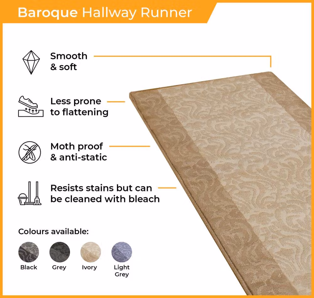 runrug Baroque Hallway Carpet Runner Rug in Black, W: 70 cm, L: 360 cm – 2
